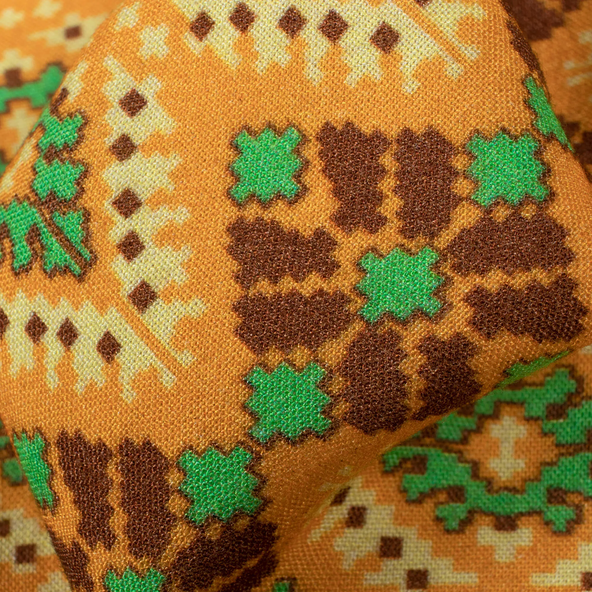 Digital Print Viscose Rayon Fabric with Merigold Orange and Fern Green Patola Pattern (58 Inches Width)