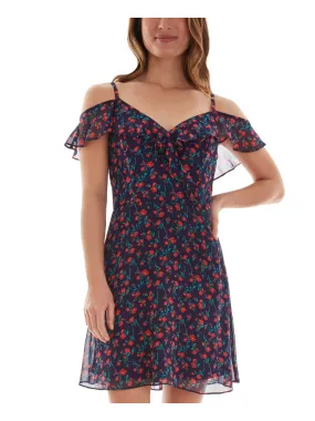 Navy Blue Cold Shoulder Ruffled Floral Flutter Sleeve Sweetheart Neckline Fit and Flare Dress for Women