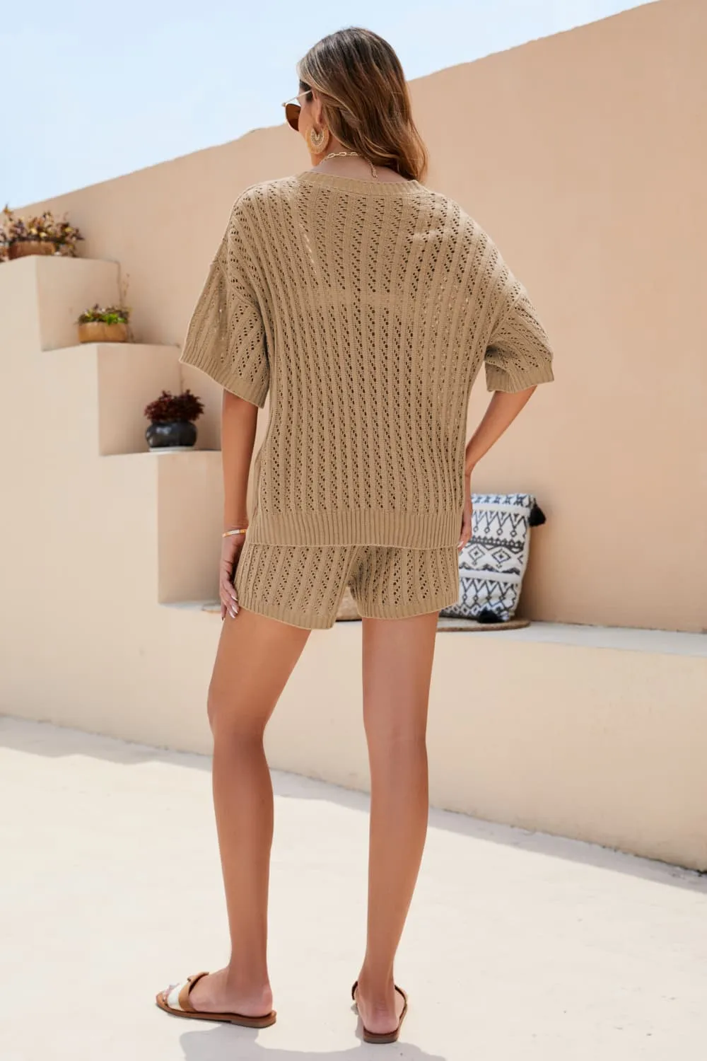 Openwork V-Neck Top Shorts Set