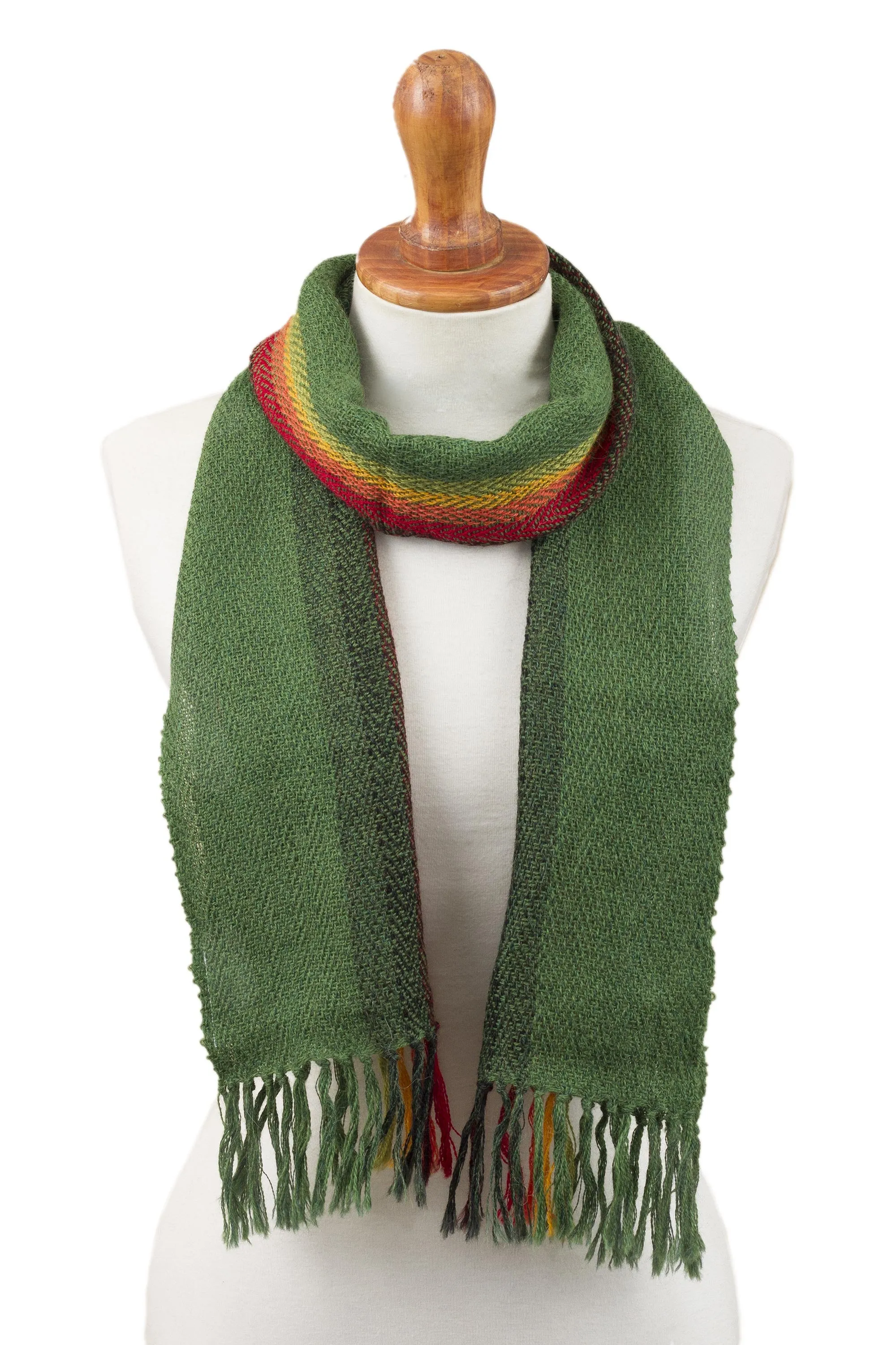 Peruvian Alpaca Wrap Scarf Handwoven in Moss Green with Multicolored Rainbow Pattern