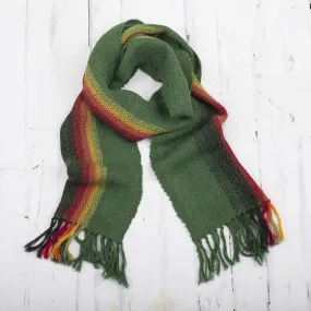 Peruvian Alpaca Wrap Scarf Handwoven in Moss Green with Multicolored Rainbow Pattern