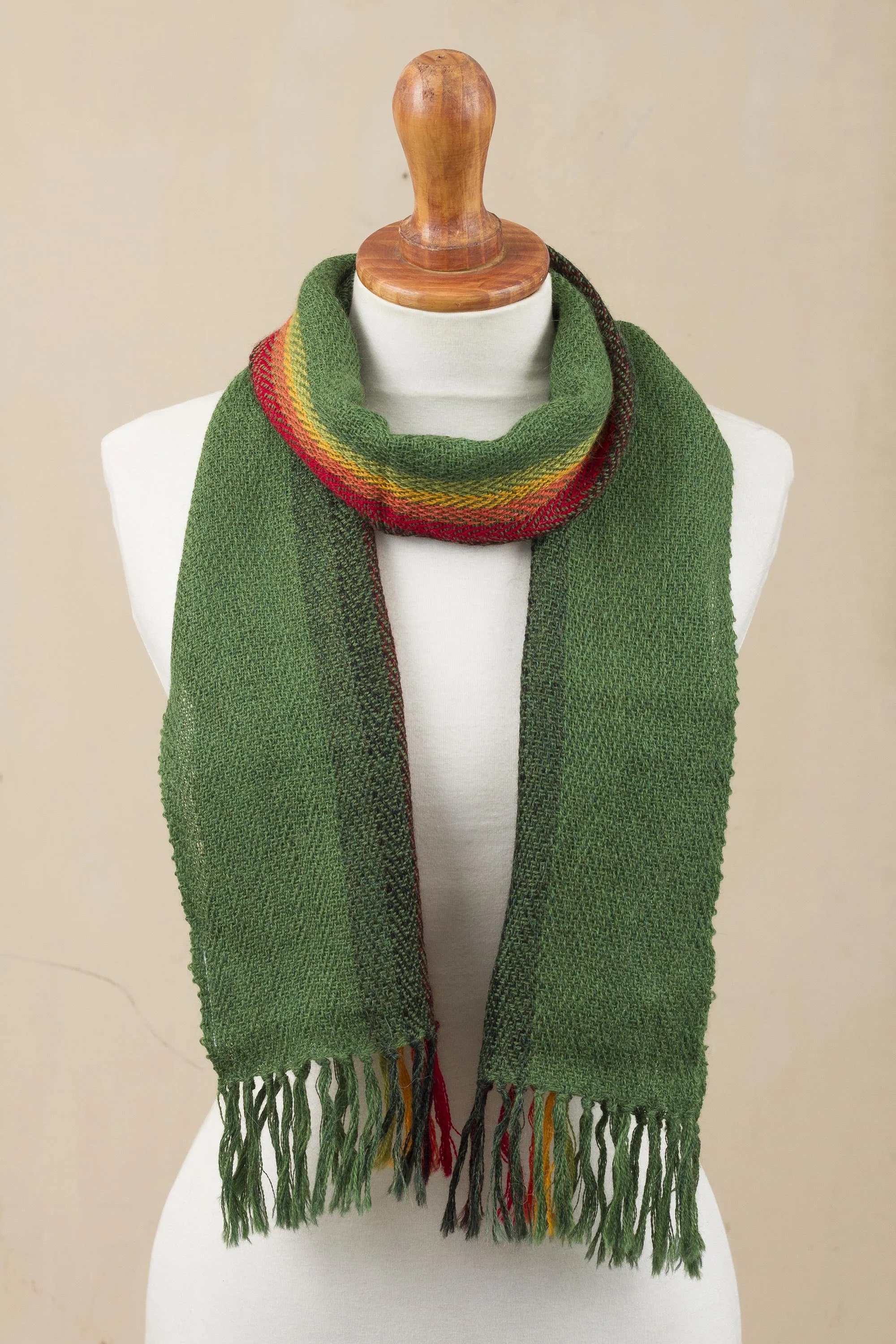 Peruvian Alpaca Wrap Scarf Handwoven in Moss Green with Multicolored Rainbow Pattern