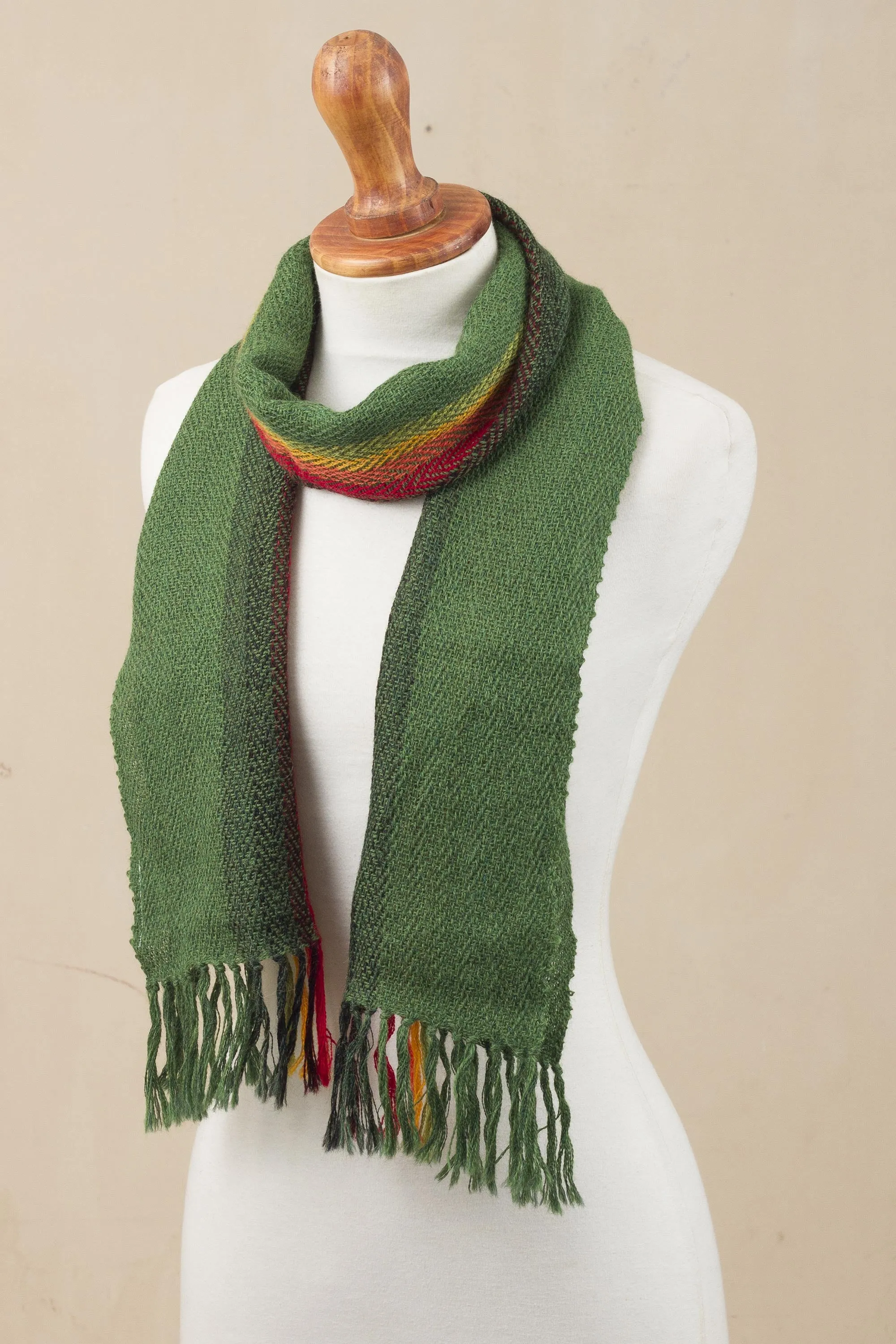 Peruvian Alpaca Wrap Scarf Handwoven in Moss Green with Multicolored Rainbow Pattern