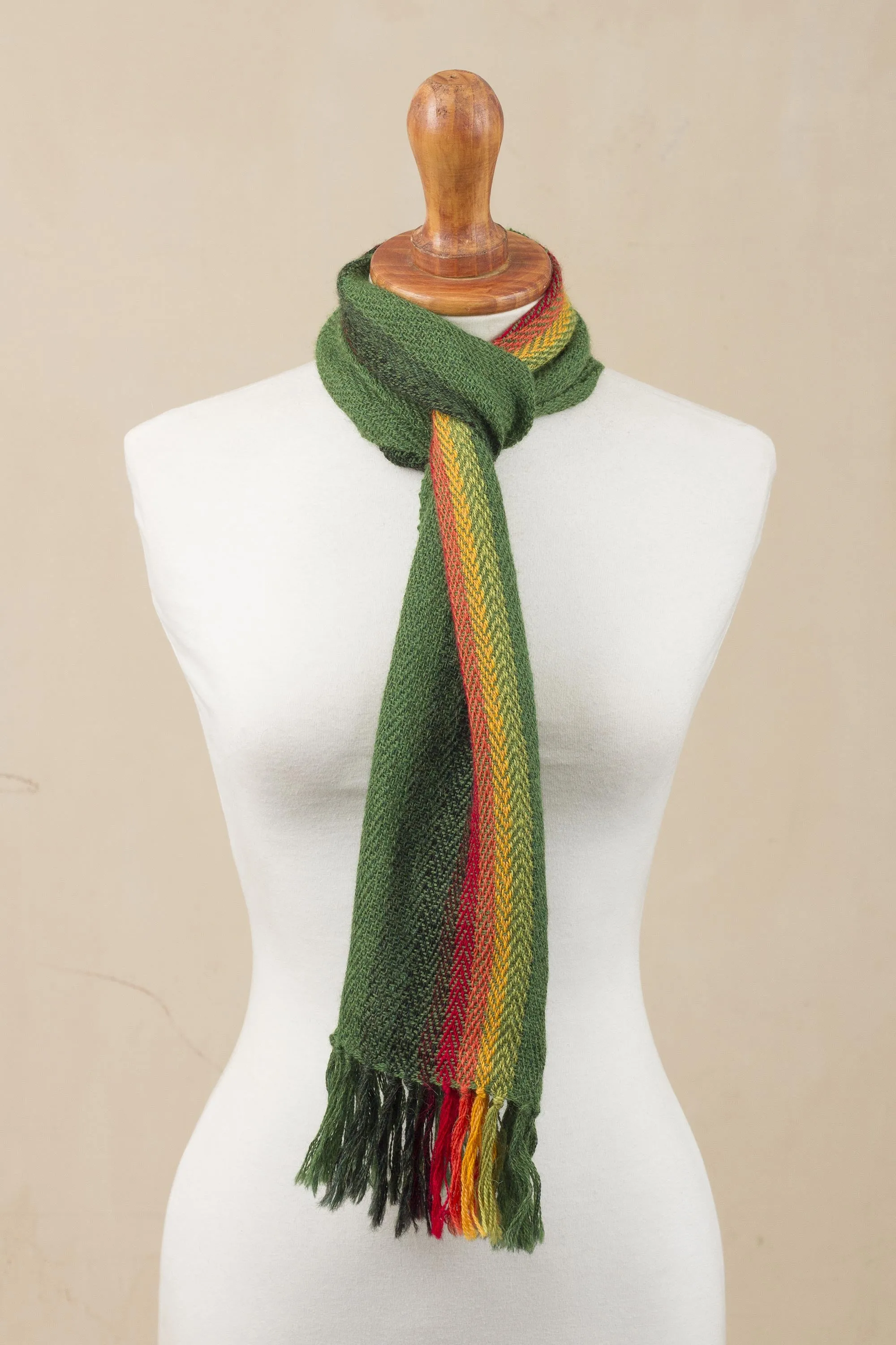 Peruvian Alpaca Wrap Scarf Handwoven in Moss Green with Multicolored Rainbow Pattern