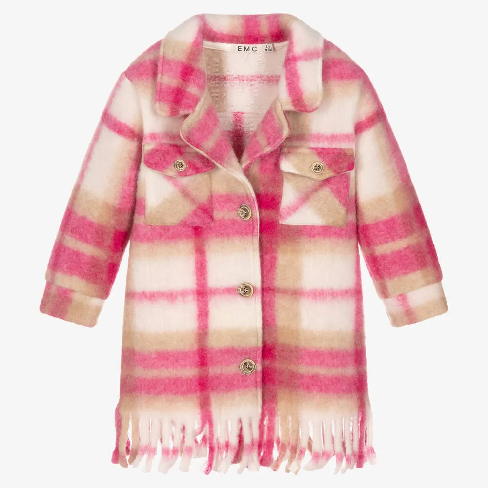 Pink Check Wool Coat for Girls