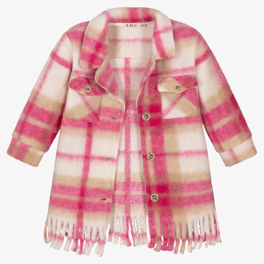 Pink Check Wool Coat for Girls