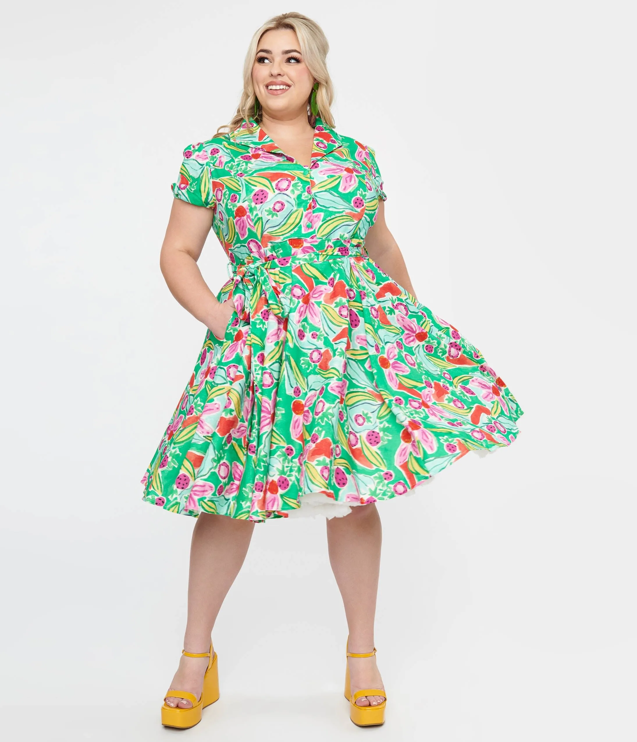 Plus Size Green Pink Berry Bloom Monroe Fit Flare Dress