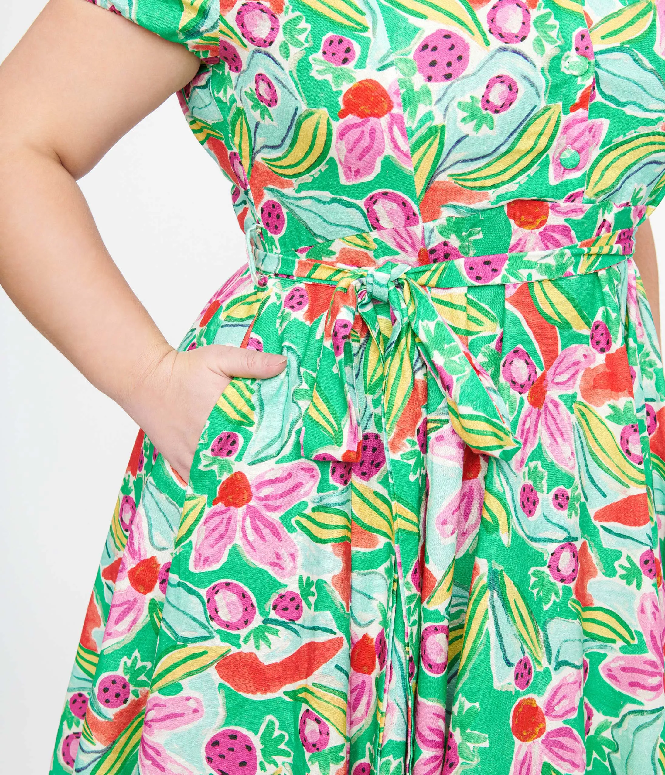 Plus Size Green Pink Berry Bloom Monroe Fit Flare Dress