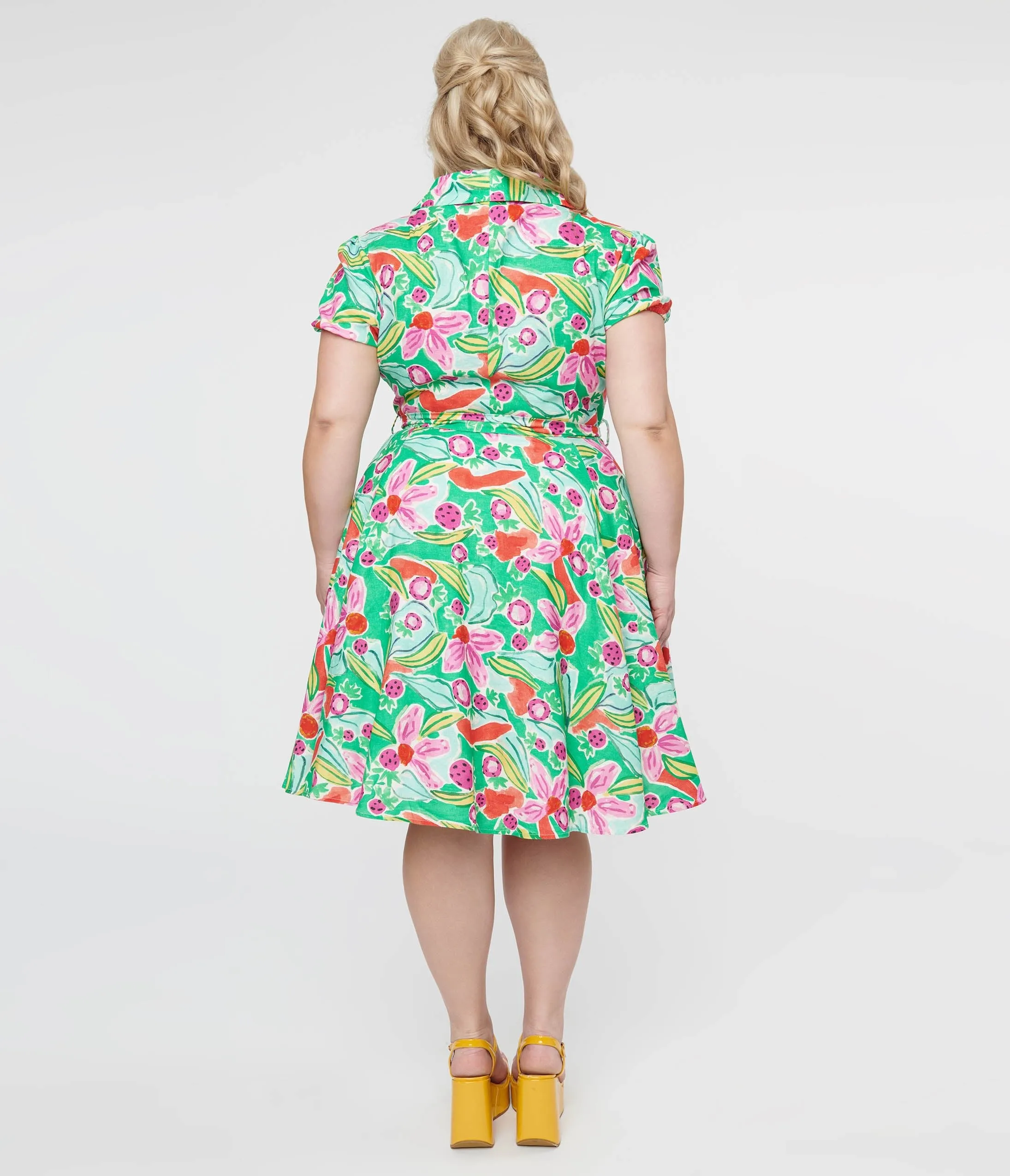 Plus Size Green Pink Berry Bloom Monroe Fit Flare Dress