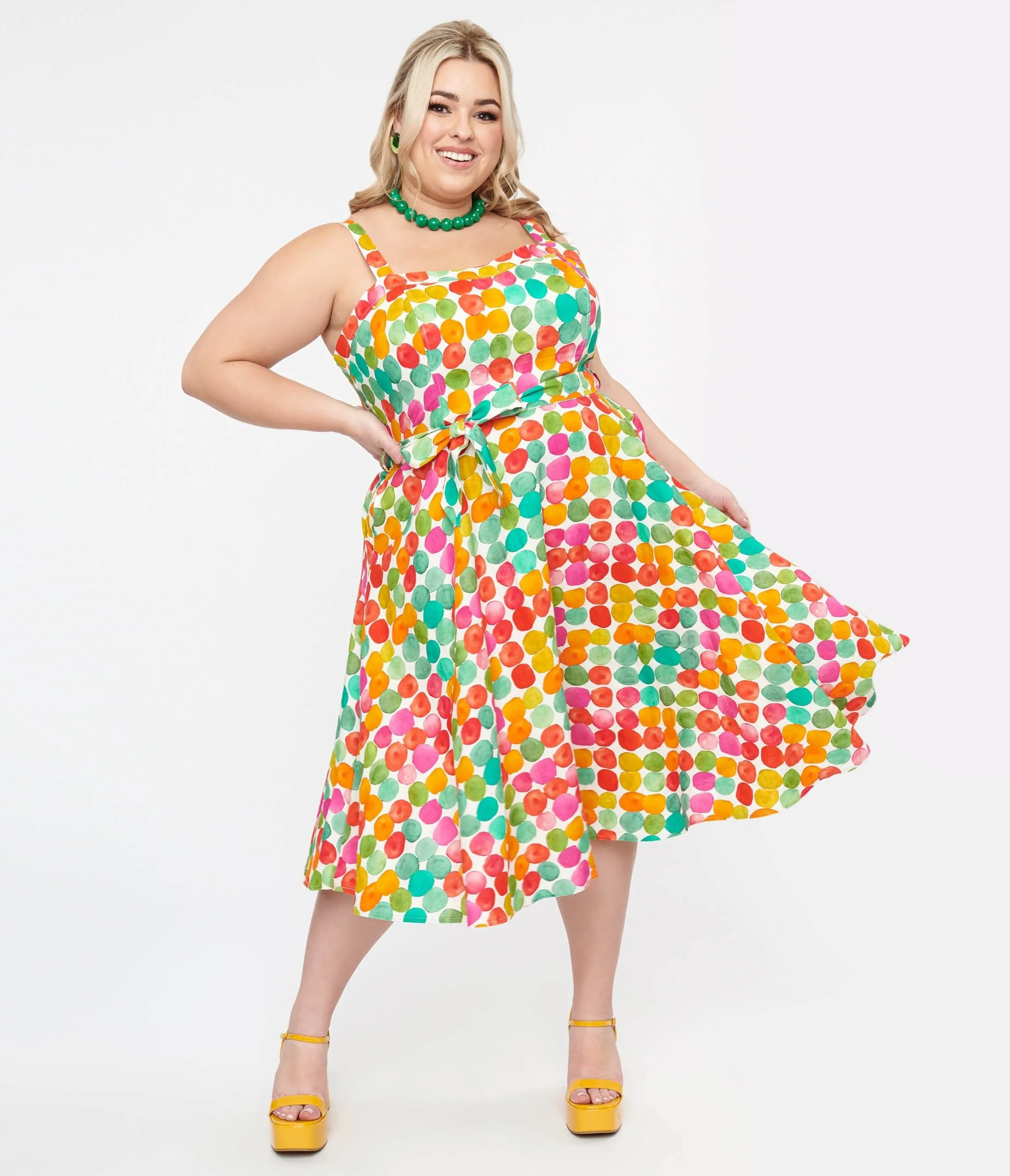 Plus Size Rainbow Watercolor Polka Dot Lori Swing Dress