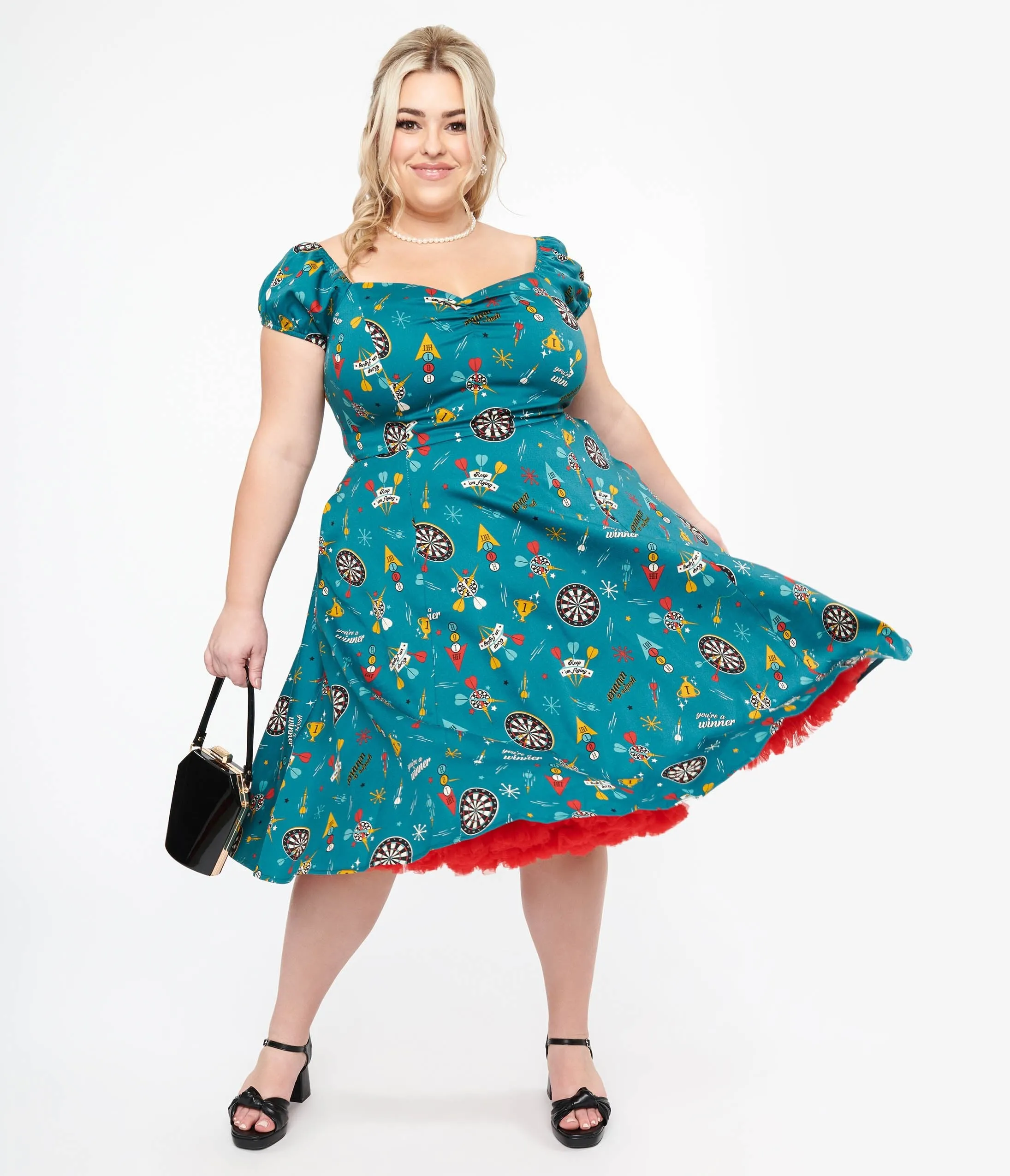 Plus Size Teal Dart Board Keep Em Flying Cotton Swing Dress