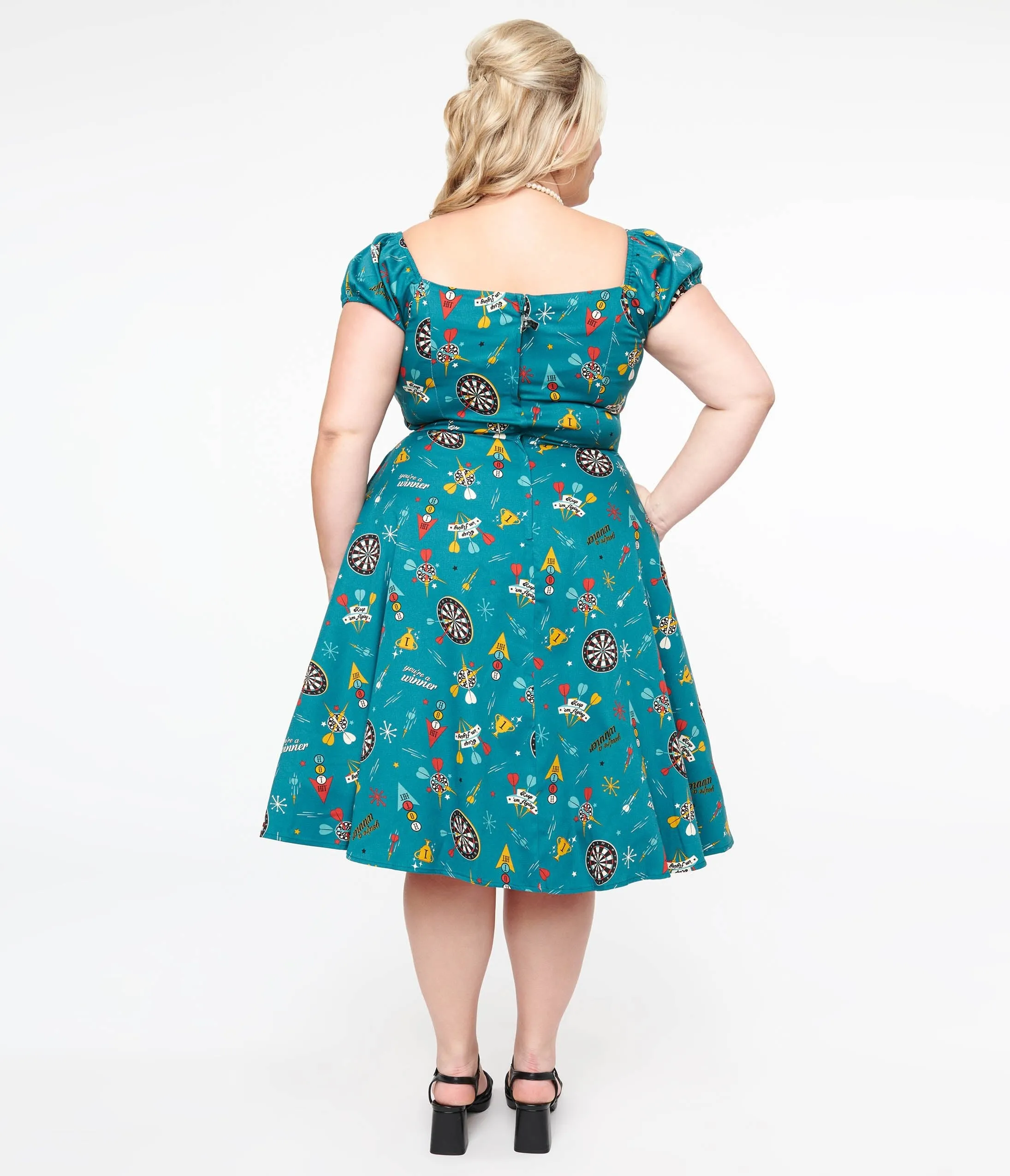 Plus Size Teal Dart Board Keep Em Flying Cotton Swing Dress