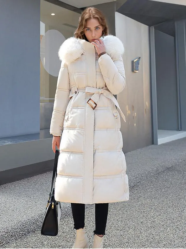 Women's Stand Collar Puffer Coat with Faux Fur Trim - Long Winter Outerwear