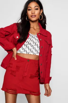Red Distressed Denim Mini Skirt