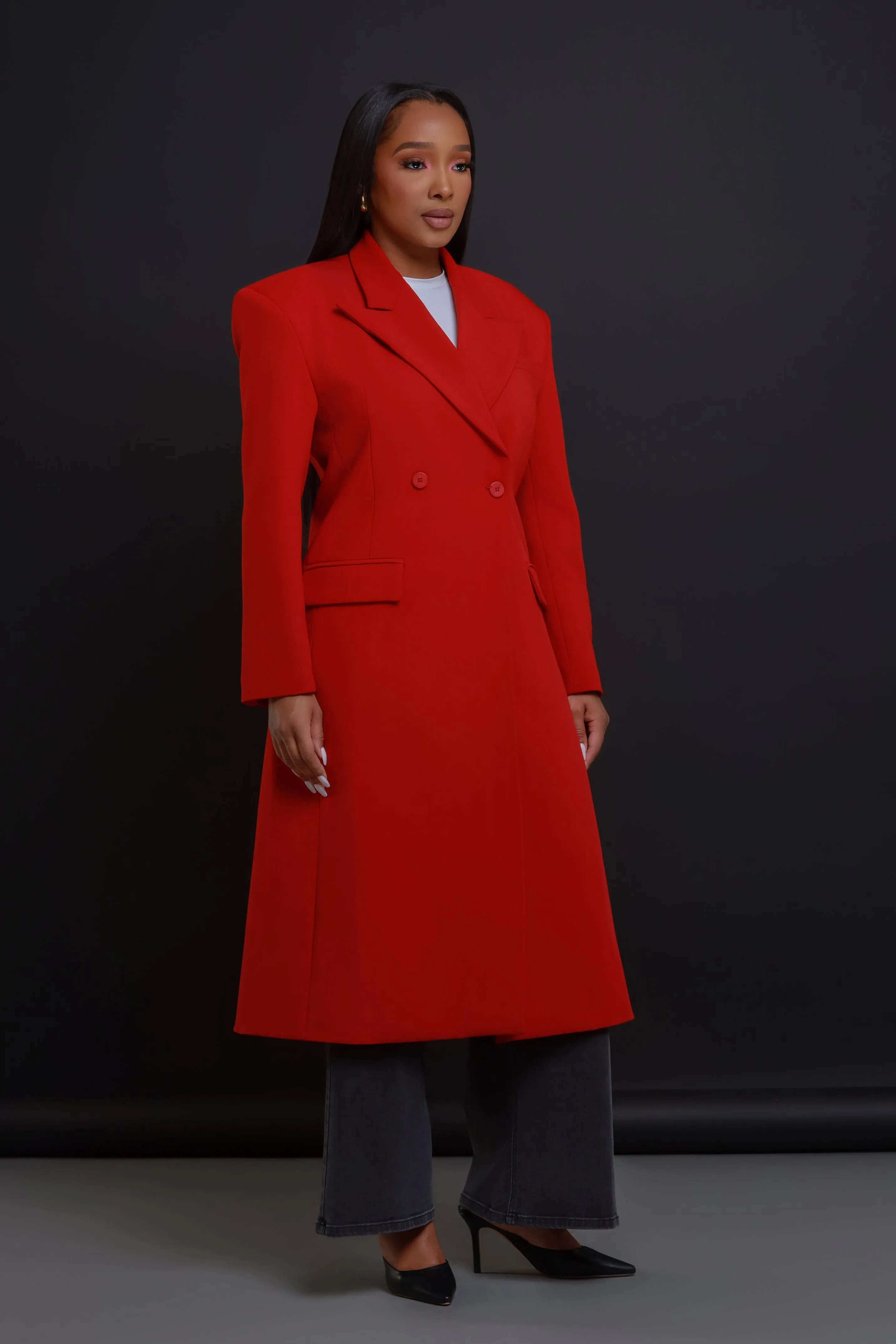 Red Double Breasted Longline Coat