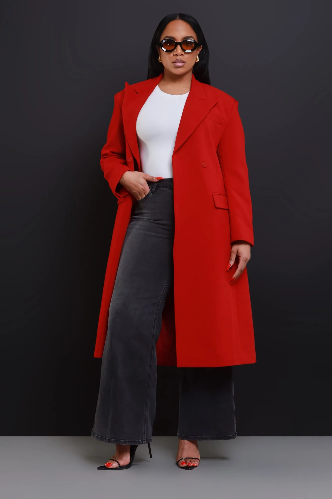 Red Double Breasted Longline Coat