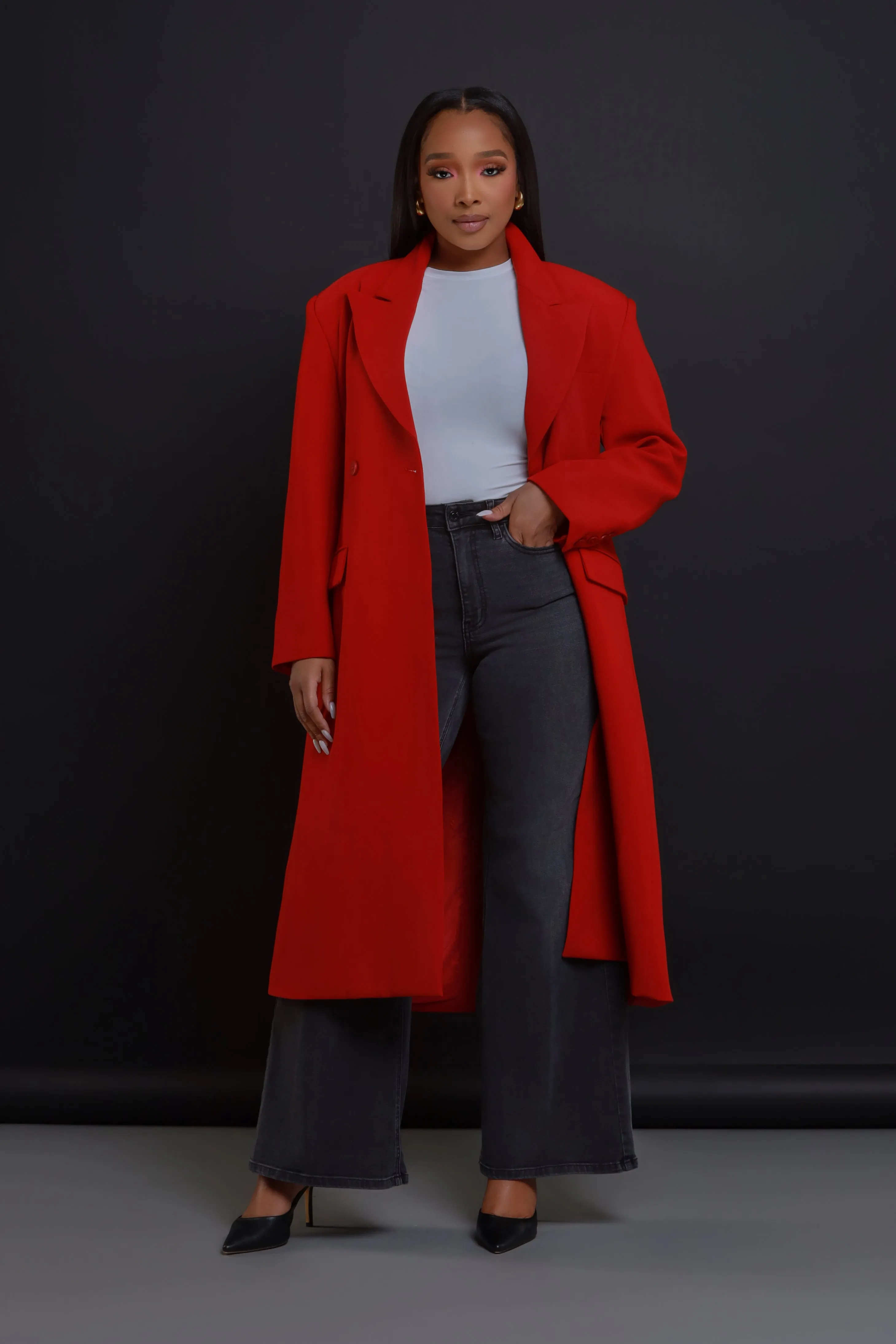 Red Double Breasted Longline Coat