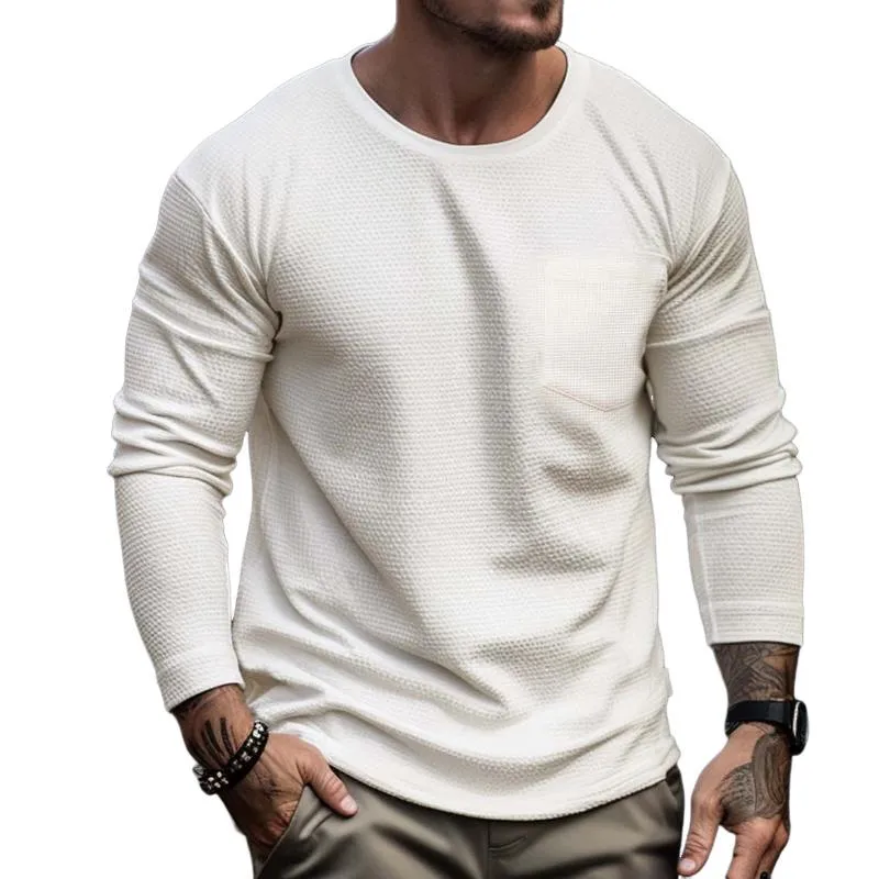 Retro Solid Color Waffle Long Sleeve T-Shirt for Men