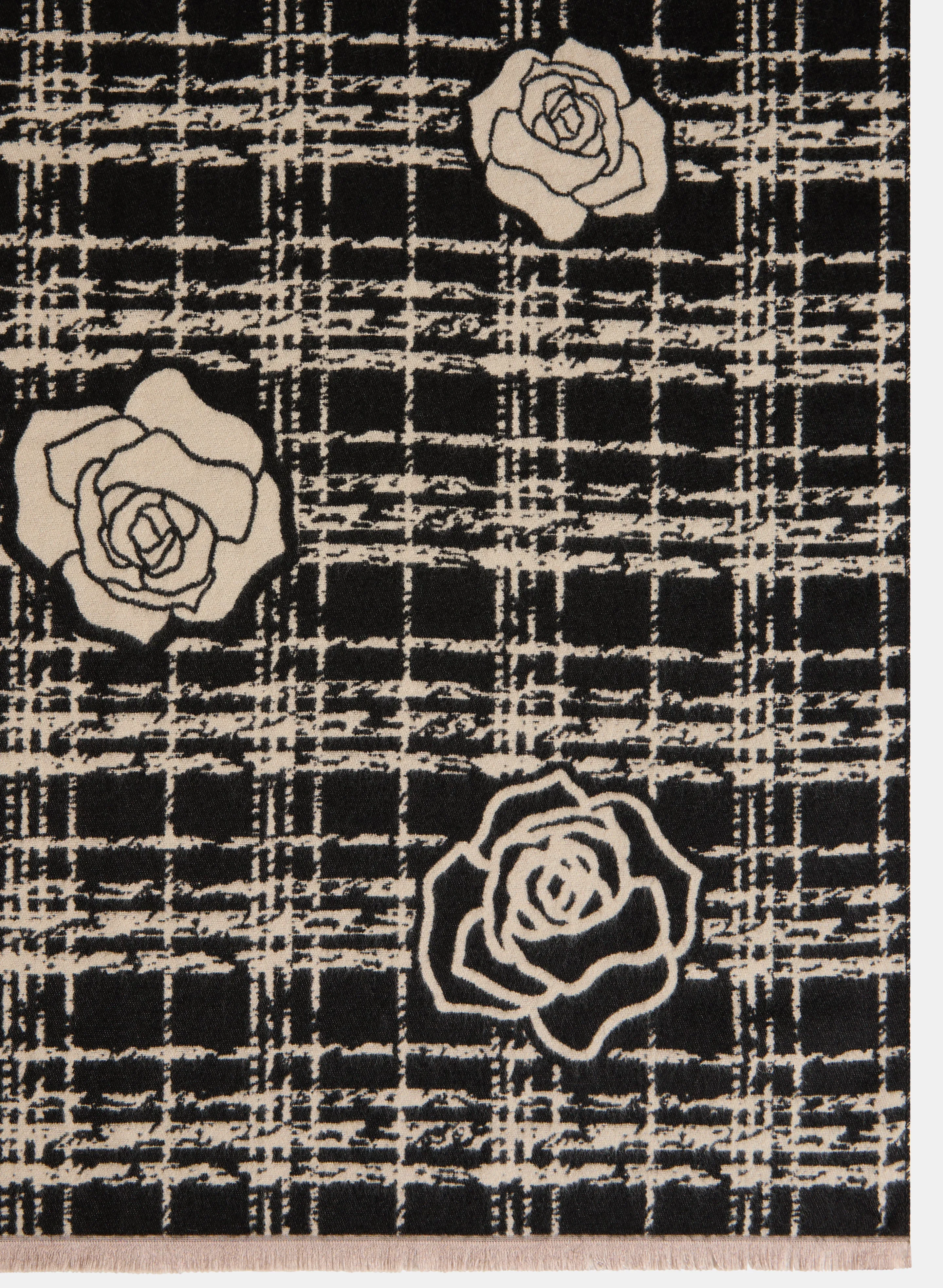 Plaid Print Scarf with Reversible Design and Rose Detail