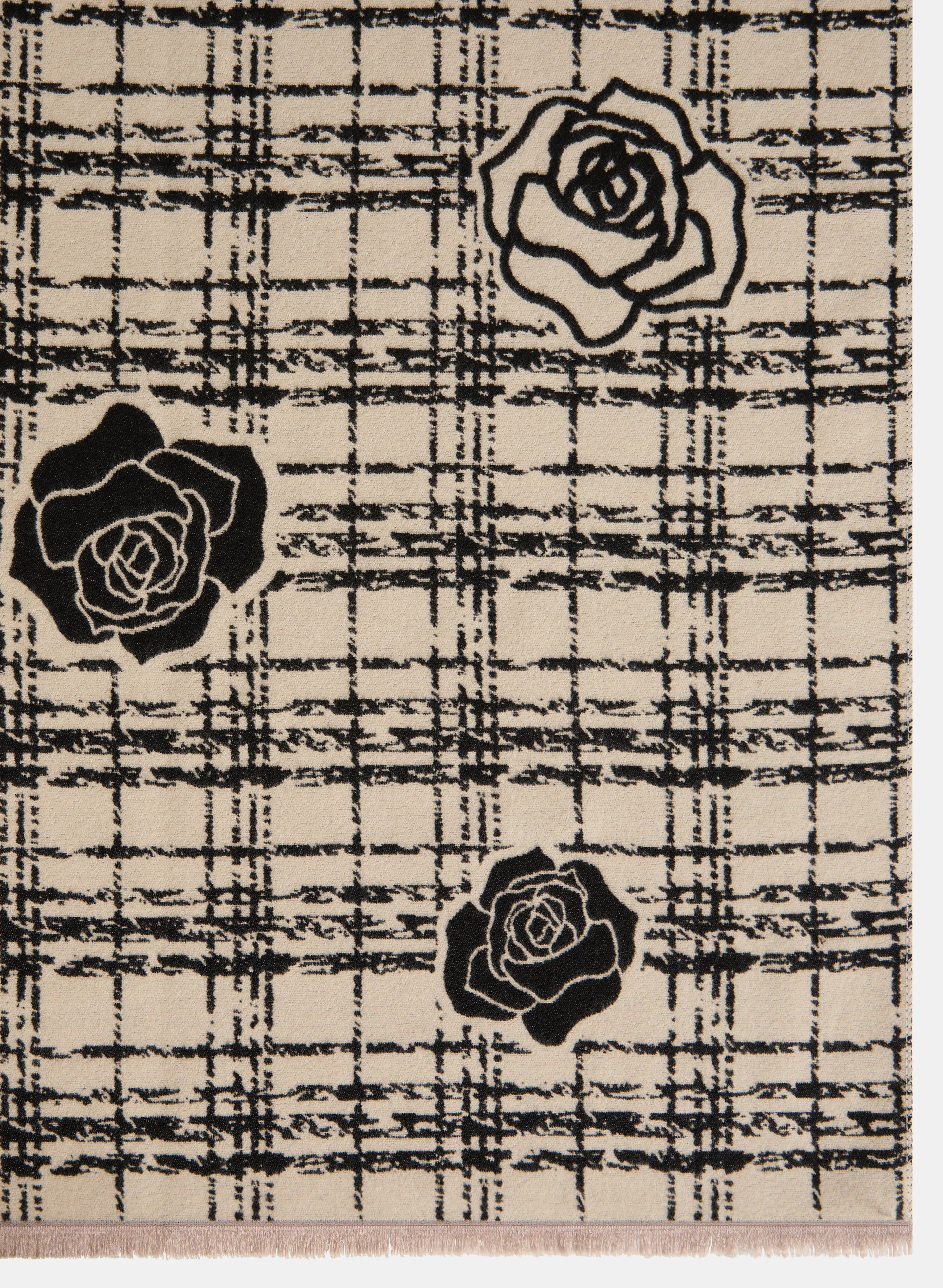 Plaid Print Scarf with Reversible Design and Rose Detail