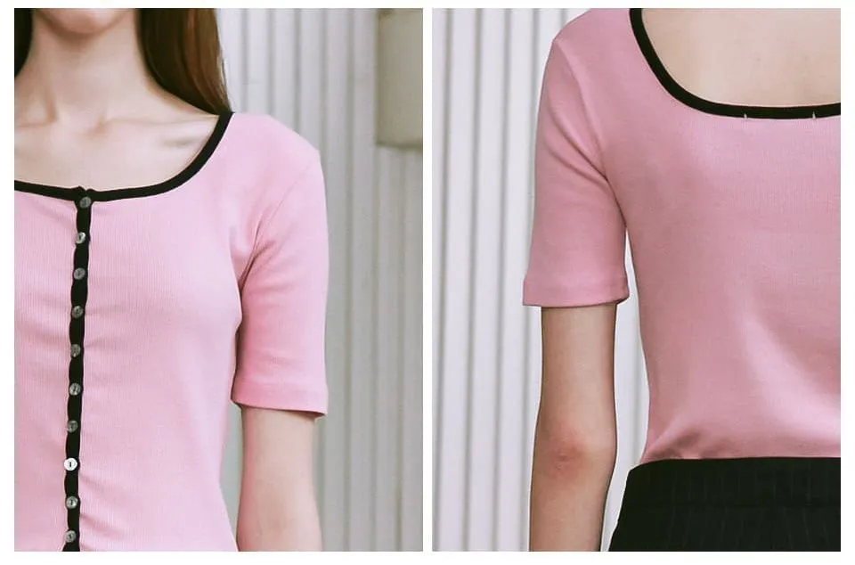 Bi-color Plain Short Sleeves Casual Street Style Top