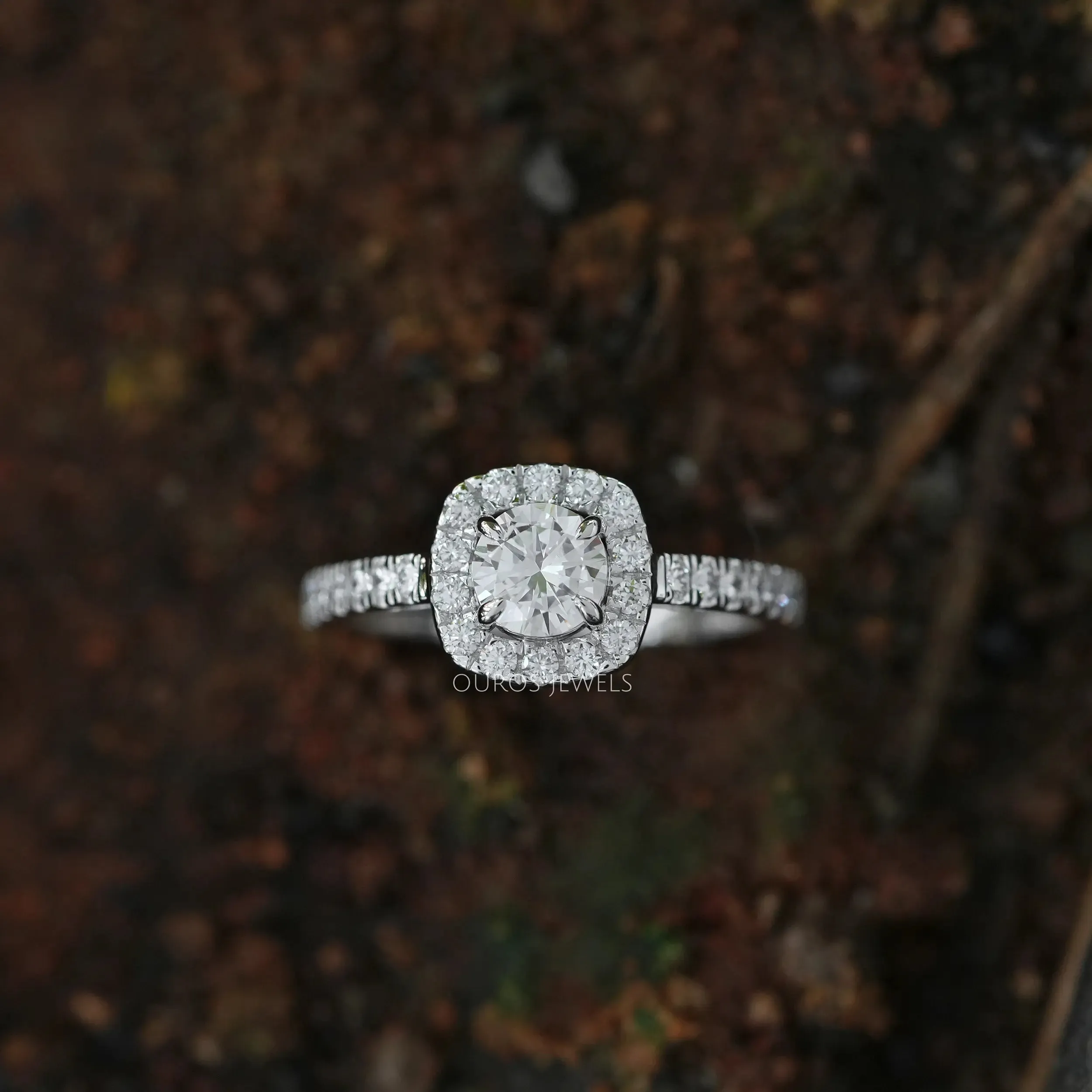 Round Cut Halo With Accent Diamond Ring
