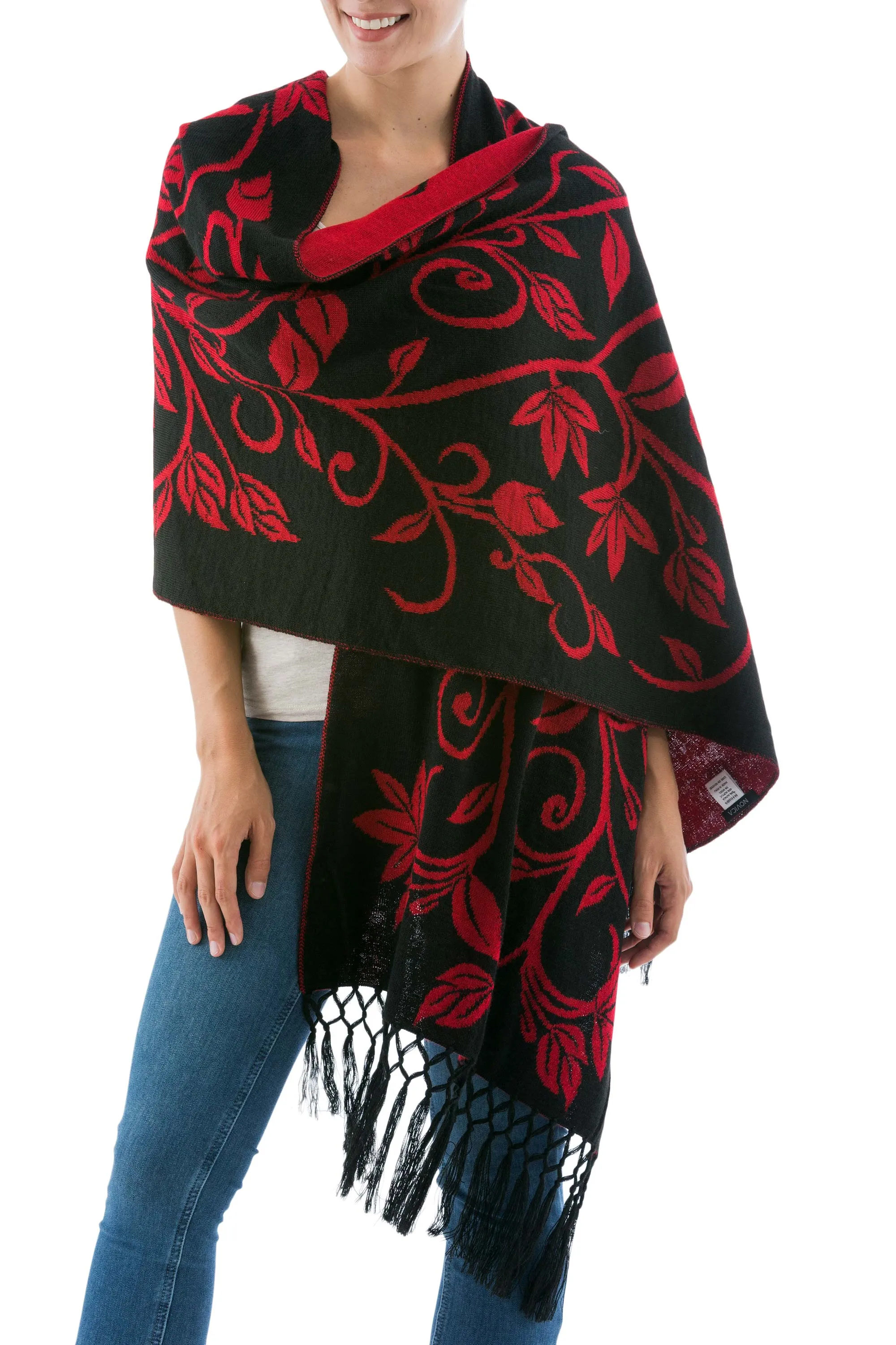 Scarlet Red and Black Alpaca Shawl with Reversible Leaves