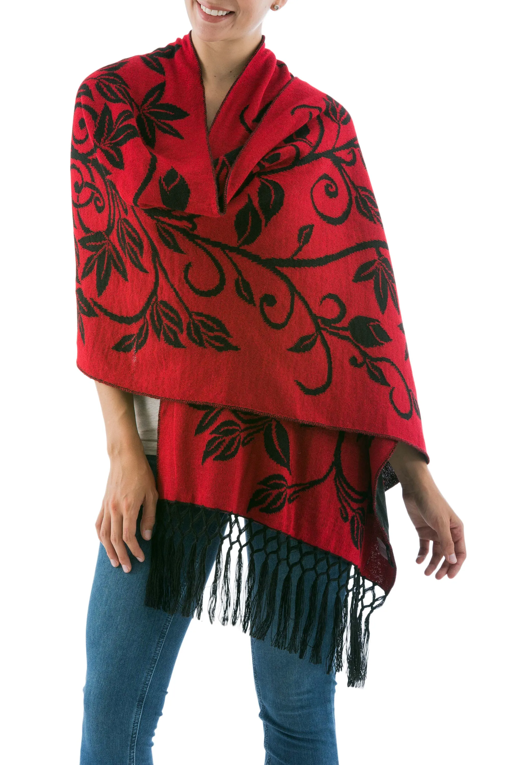 Scarlet Red and Black Alpaca Shawl with Reversible Leaves