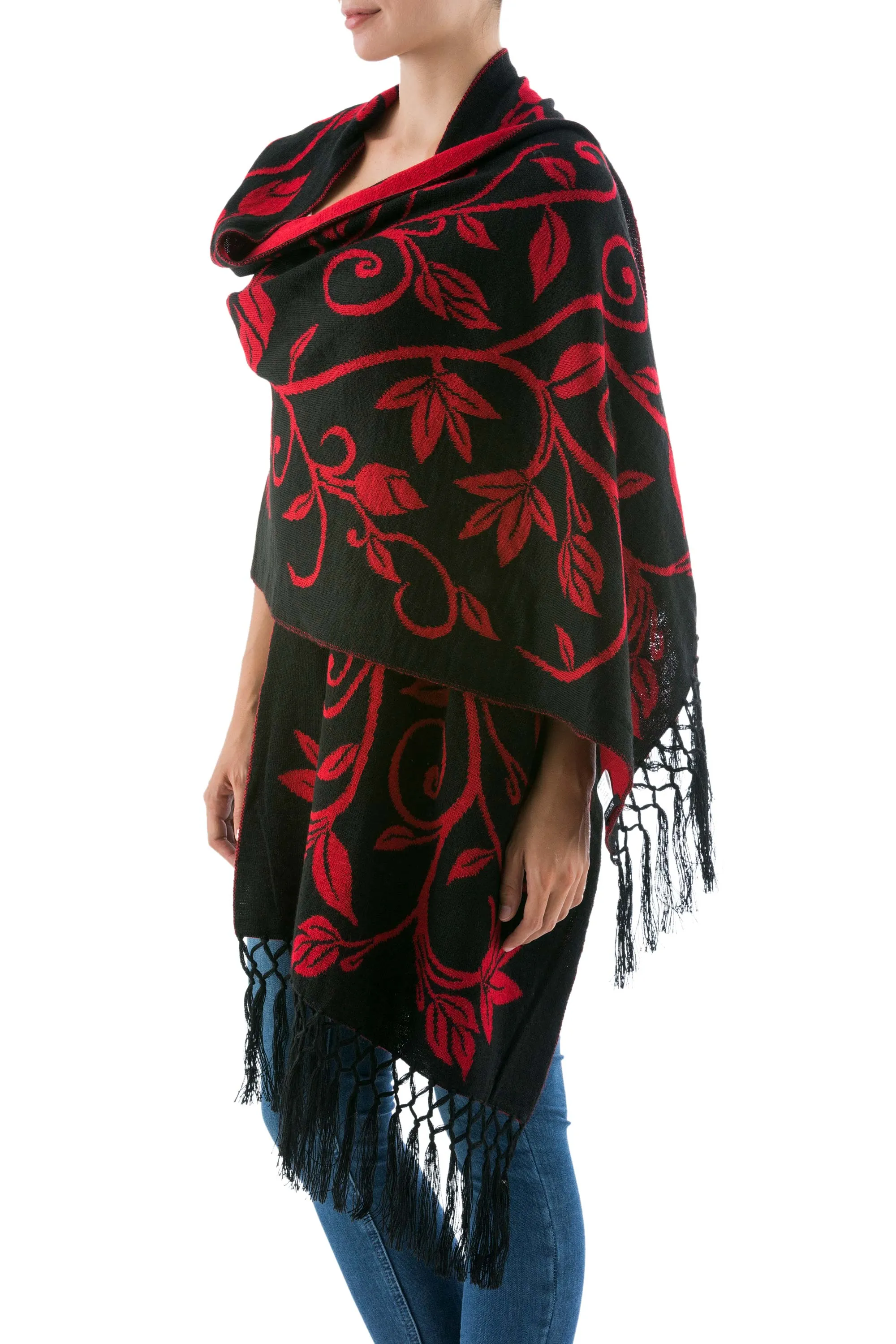 Scarlet Red and Black Alpaca Shawl with Reversible Leaves