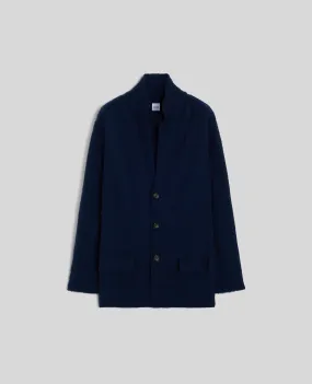 Shetland wool navy jacket with three buttons.