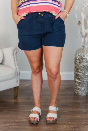 Navy High Waisted Shorts By The Seaside