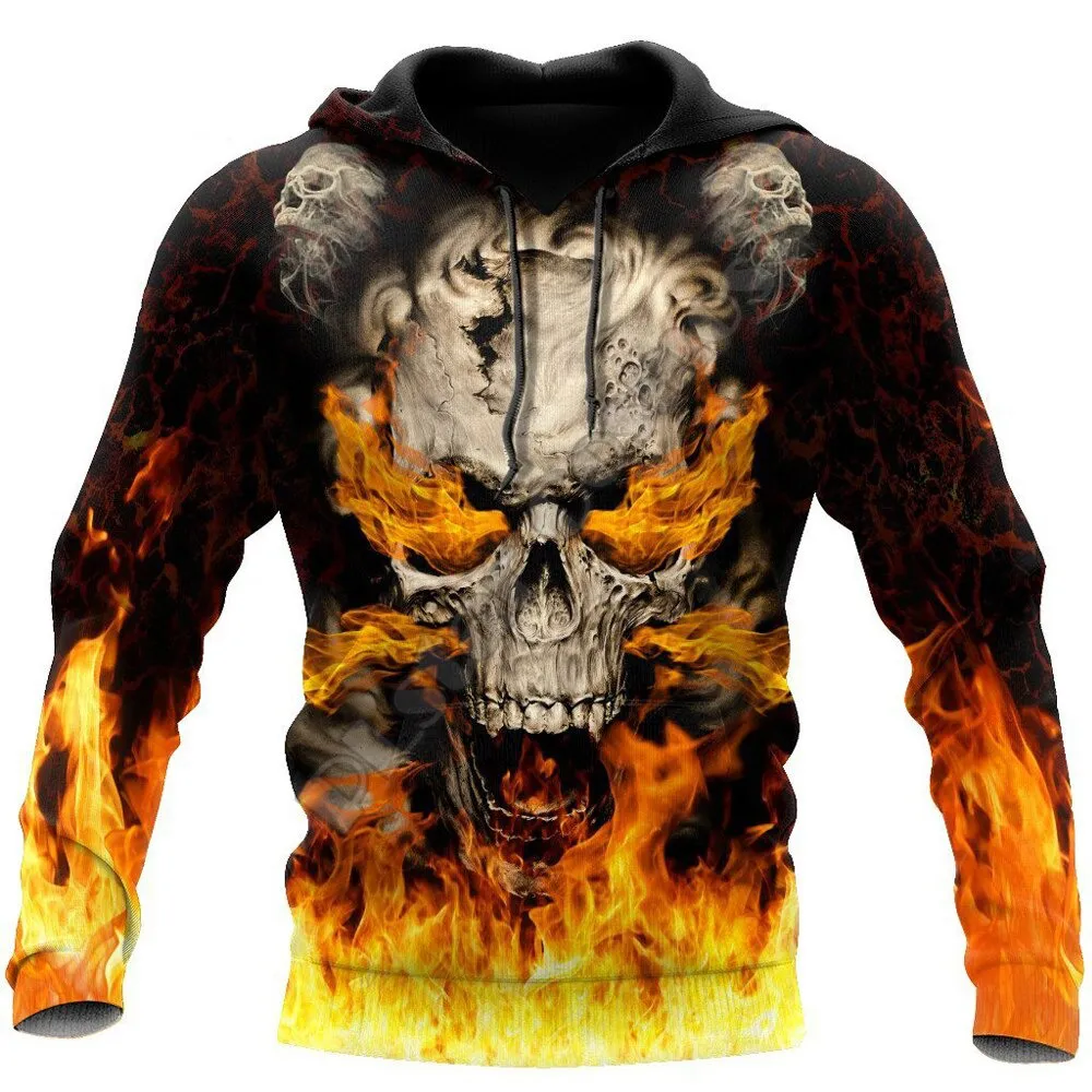 Skull Print Men's Hoodies / Stylish 3D Sweatshirts With Flames