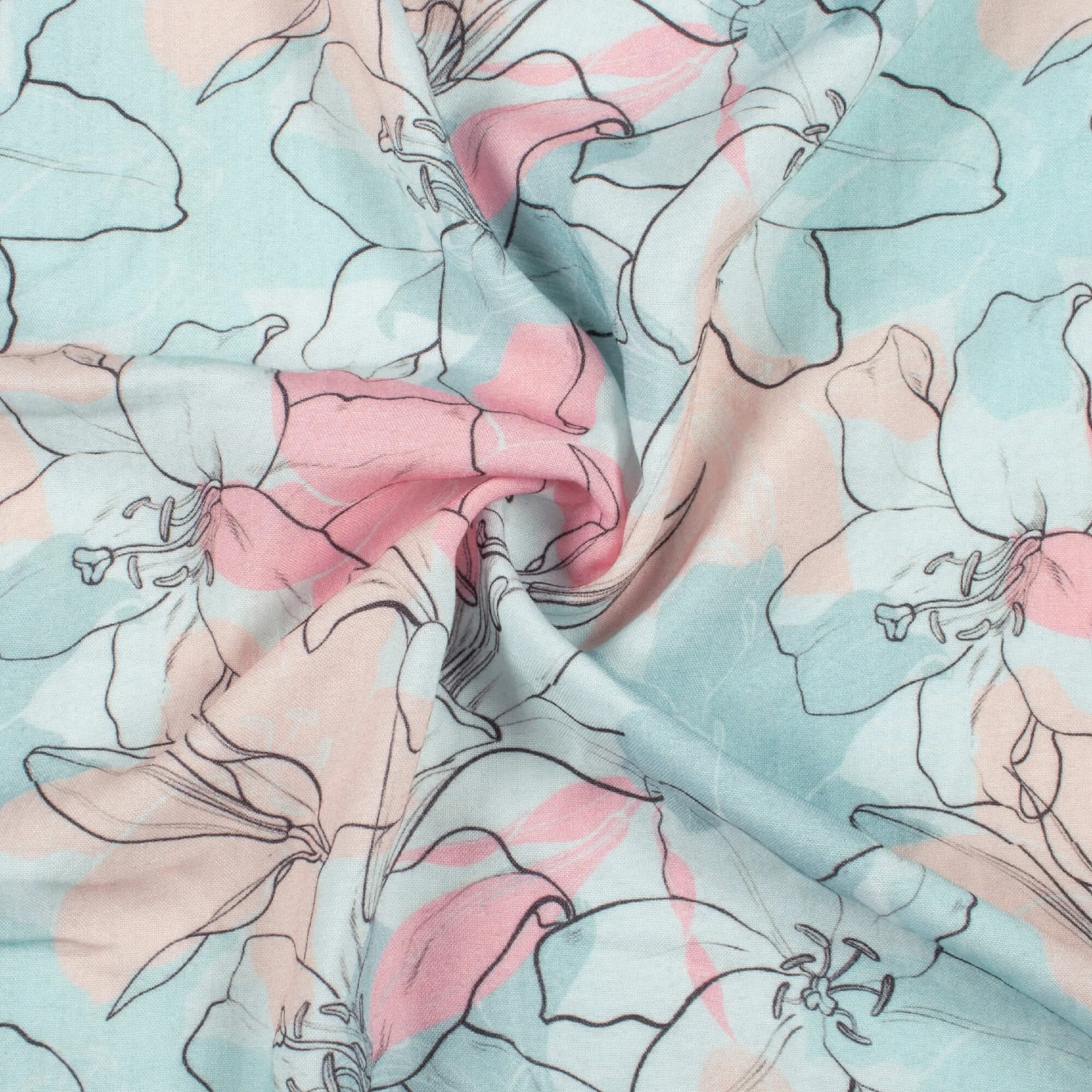 Blue Pink Floral Pattern Viscose Rayon Fabric - Digital Print (58 Inches)