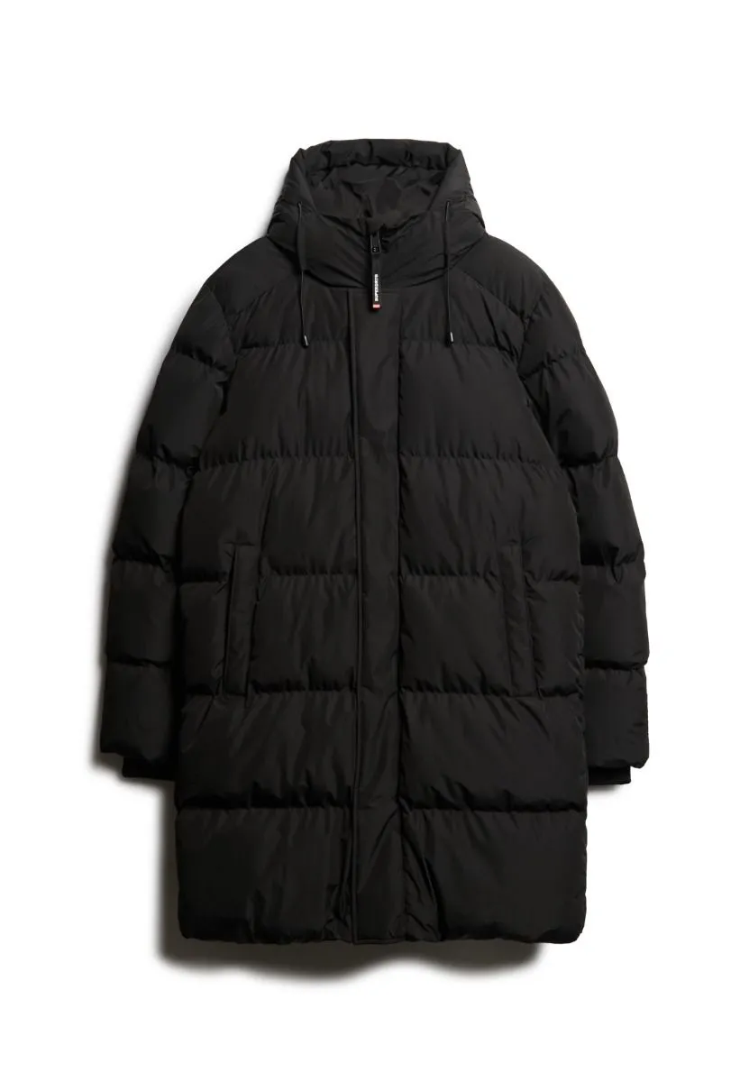 Black Hooded Sports Puffer Mid Length Jacket Superdry