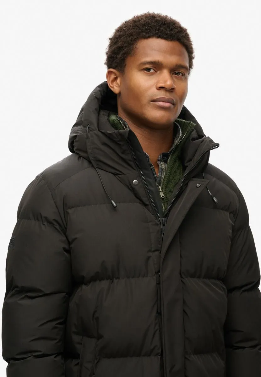 Black Hooded Sports Puffer Mid Length Jacket Superdry