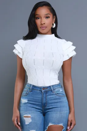 White Turtleneck Sweater with Ruffle Shoulders - Short Sleeve Sweetness