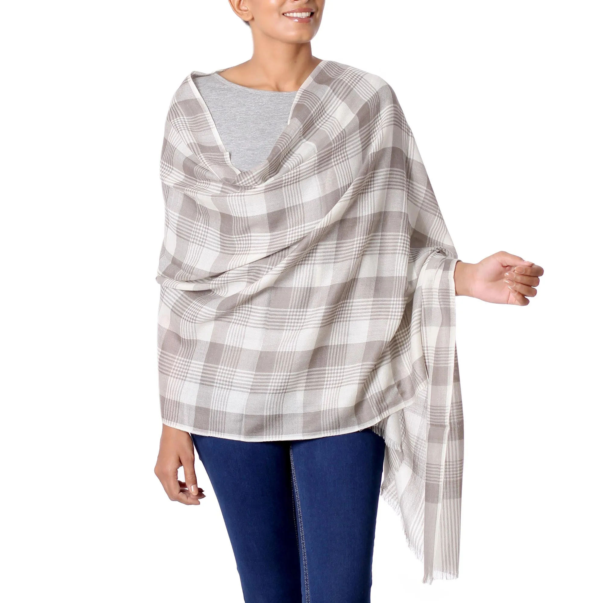 Taupe Checkered Pattern Traditional Shawl from India - Checkered Grace Wool