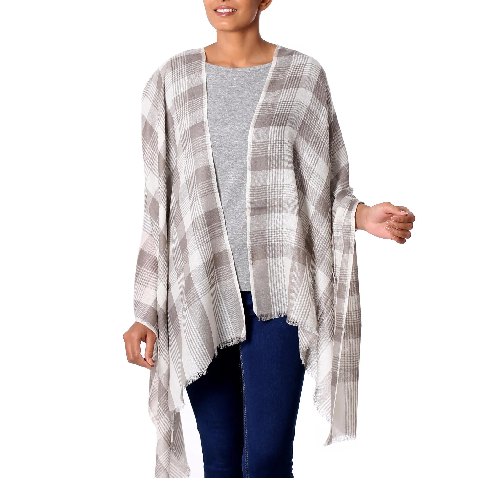 Taupe Checkered Pattern Traditional Shawl from India - Checkered Grace Wool