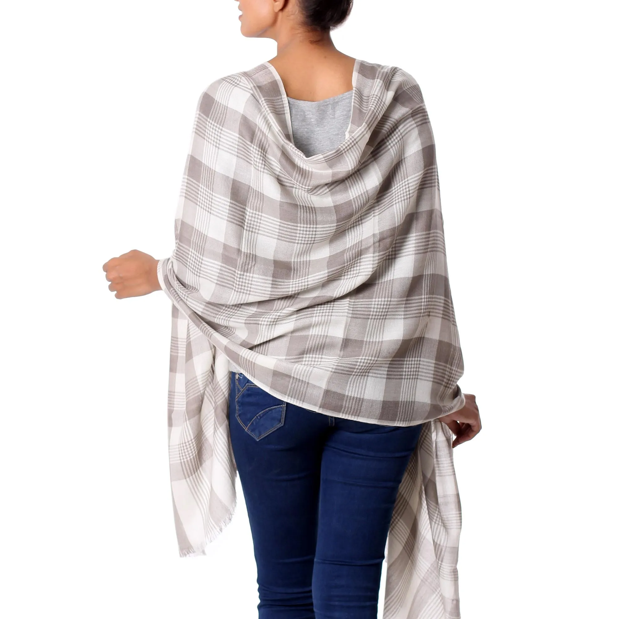 Taupe Checkered Pattern Traditional Shawl from India - Checkered Grace Wool