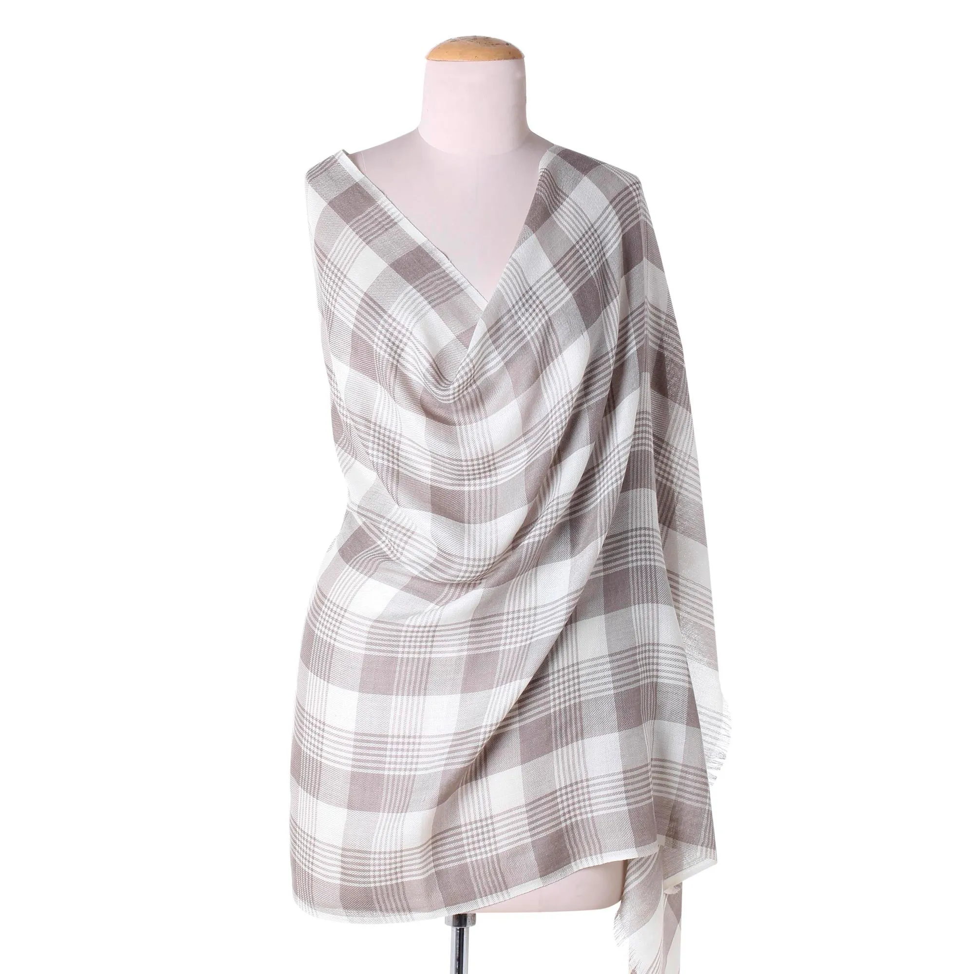 Taupe Checkered Pattern Traditional Shawl from India - Checkered Grace Wool