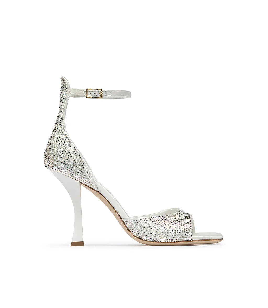 White satin sandals with rhinestones