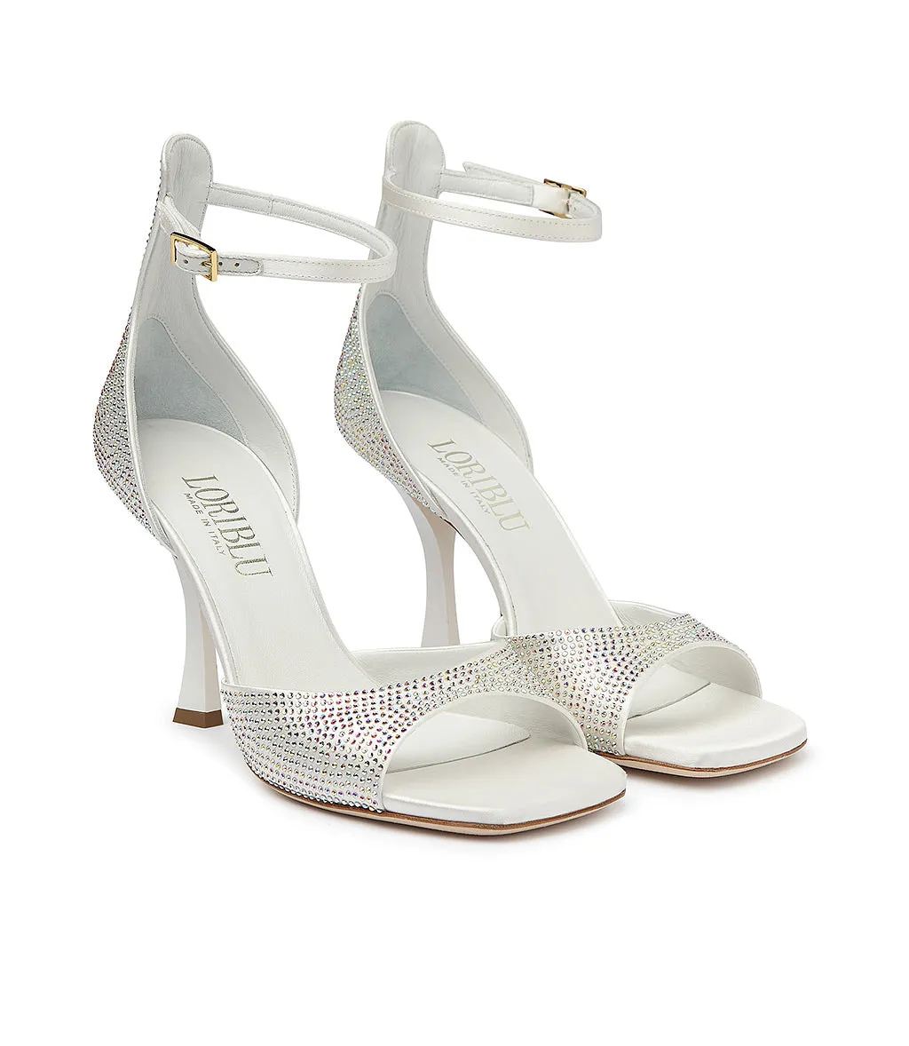 White satin sandals with rhinestones