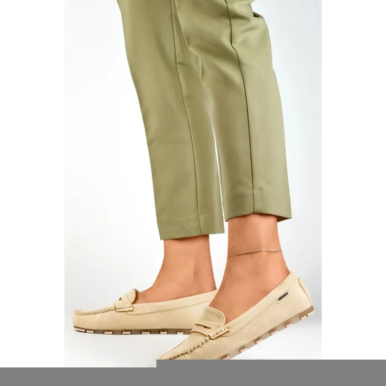 Women's beige suede moccasins, comfortable moccasins