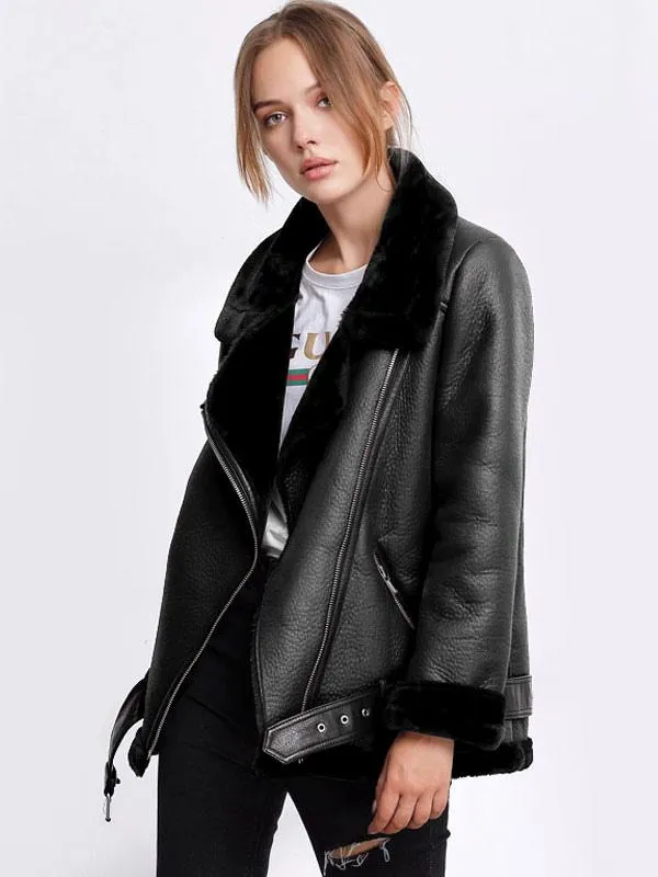 Women's Faux Shearling Leather Moto Jacket for Winter