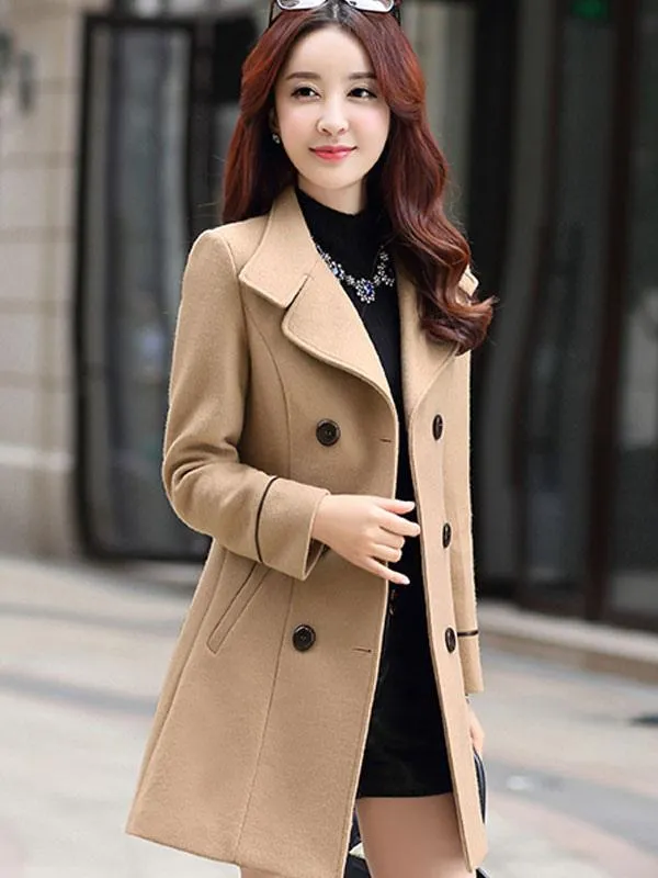 Spring Women's Pea Coat with Turn-down Collar - Outerwear