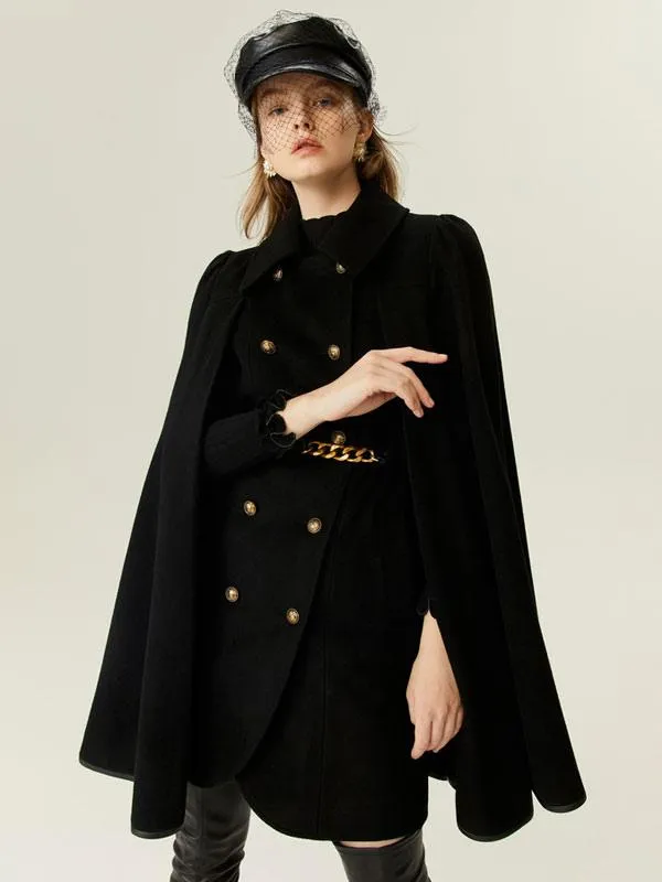 Wool Poncho Coat Double Breasted Cape Chain Belt Women's Outerwear