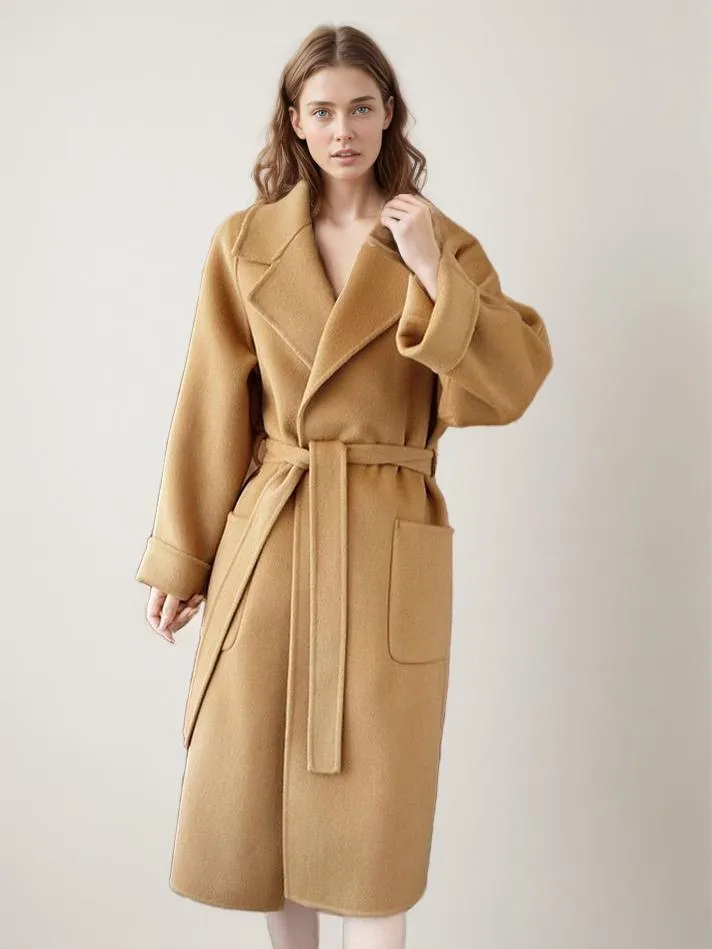 Women's Wrap Coat with Lapel, Big Pockets, Solid Color - Winter Outerwear